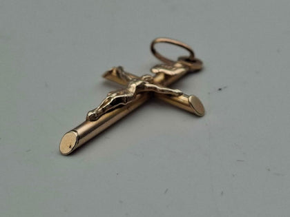 Vintage Yellow Gold Tubular Cross Crucifix Charm Pendant - 0.99 Grams