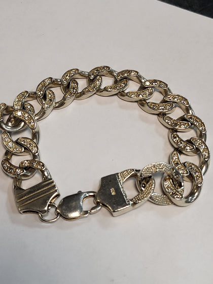 925 Silver Curb Link Bracelet with Clear Stones - approx. 9