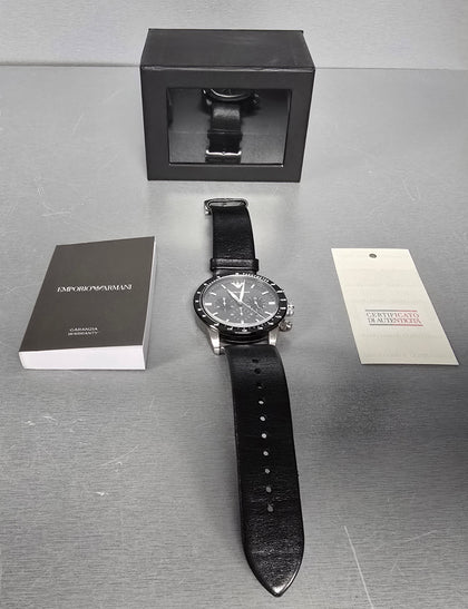 Emporio Armani Mario 43mm Chronograph Black Dial Leather Mens Quartz Watch AR11243
