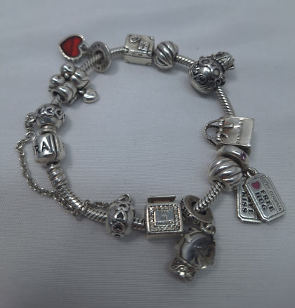 Pandora Moments Barrel Clasp Snake Chain 23cm Bracelet with 11 Charms in box