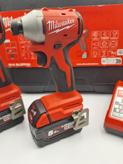 Milwaukee M18BLCPP2A 18V Cordless Impact Driver & Hammer Drill Kit W/ 2X 5.0AH Batteries & Charger