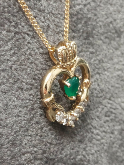 9ct Yellow Gold Claddagh Pendant With Green & Clear CZ Necklace - 18