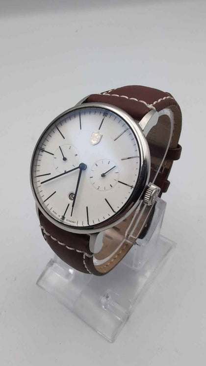 Dufa Albers Automatic Calendar Men's Watch With Enamel White Dial & Brown Leather Strap - DF-9014