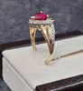 9ct Yellow Gold Red Heart & Diamond Cluster Ring - Size L