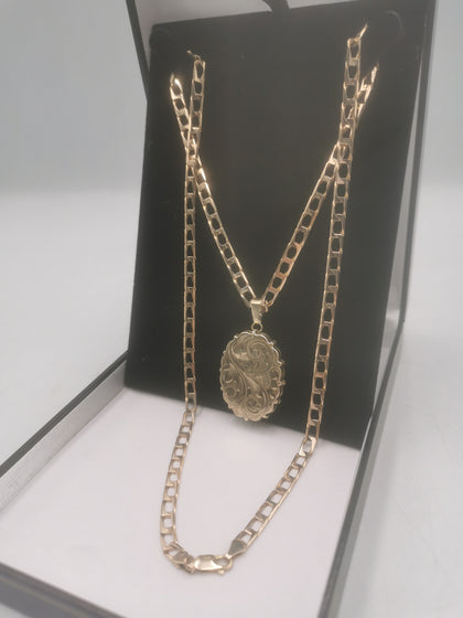 9CT Gold Square Curb Chain, with Large Locket 24.4Grams, Hallmarked, 23.5