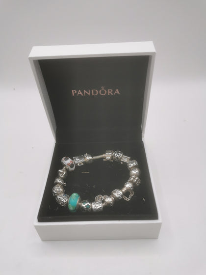 Pandora Bracelet with 16 charms And a Safety chain Hallmarked(ALE) Boxed