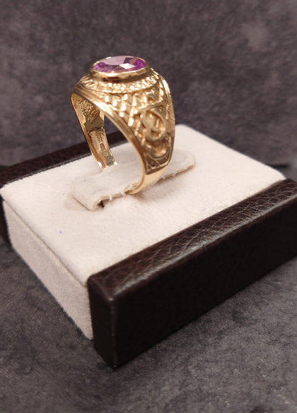 9ct Yellow Gold College Style Ring Bezel set with Purple Stone Size U