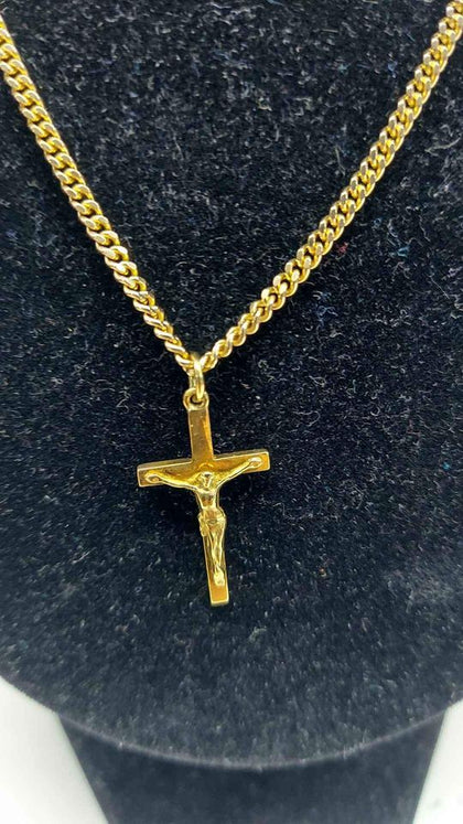 9ct Yellow Gold Thin Curb Chain Necklace With Crucifix Cross Pendant - 18