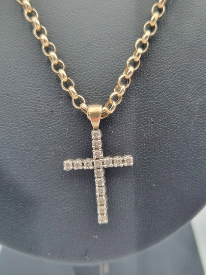 9ct Yellow Gold Belcher Chain Necklace With CZ Cross - 5.60 Grams - 22