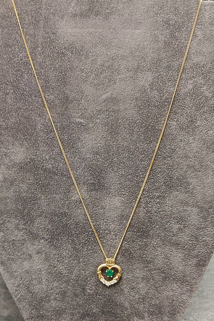 9ct Yellow Gold Claddagh Pendant With Green & Clear CZ Necklace - 18