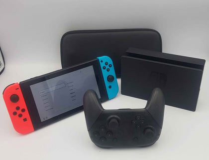 NINTENDO SWITCH 32GB neon red / blue joy-con with controller & case ** lose joy-cons