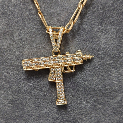 14ct Yellow Gold Pave 'Uzi' Machine Gun Pendant & Figaro Chain