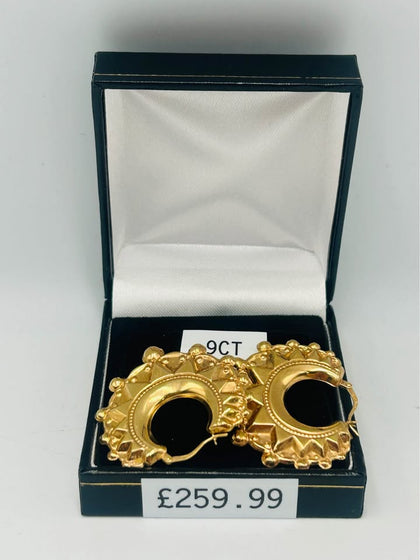 9CT YELLOW GOLD, 375 HALLMARKED BEADED ROUND CREOLE HOOP EARRINGS, 4.5G, BOXED