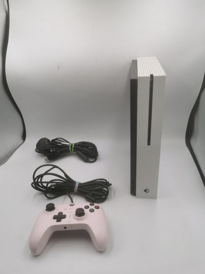 Xbox One S console 500GB white discounted with wired controller and power cables - crack on casing and discolouration