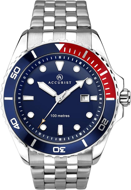 Unused Accurist Men's Quartz Watch - Blue / Red Quater dial - Analogue Display - Stainless Steel Bracelet