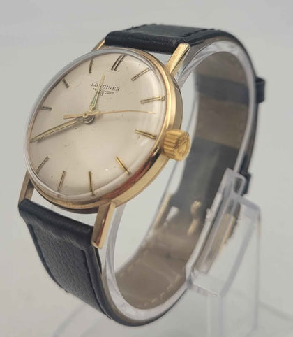 Vintage Longines Mens 9ct Gold Watch With Black Leather Strap & Original Box And Papers, *HAS A PERSONALISED BACK PLATE*