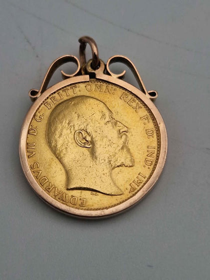 1909 King Edward VII 22CT Solid Gold Full Sovereign Coin With 9ct Pendant Surround - 9.55 Grams