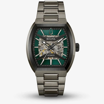Bulova Maquina Men's Green Skeleton Dial Curve Glass Stainless Steel Watch