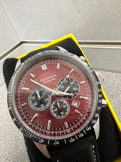 Sekonda Velocity Men's Chronograph Silver Case & Leather Strap with Red Dial.