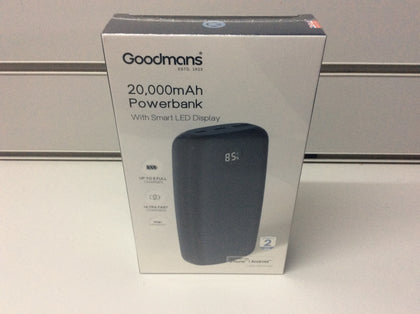 Goodmans 20,000mAh Slim Power Bank Fast Charge LED Display USB-C/USB-A Blue