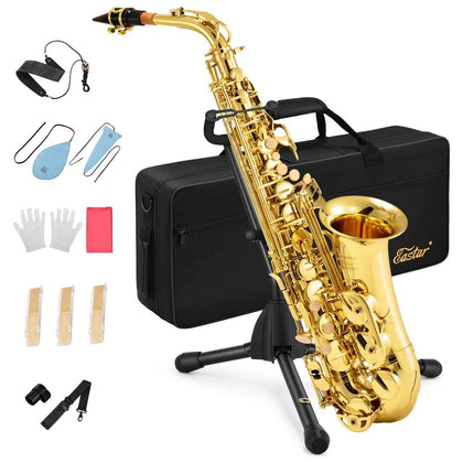 Eastar AS-II Student Alto Saxophone E Flat Gold Lacquer Alto Beginner Sax Full Kit with Carrying Sax Case Mouthpiece Straps Reeds Stand