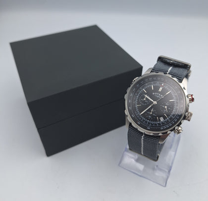 Men's Rotary Pilot Chronograph black quartz watch with 22mm grey nato strap boxed