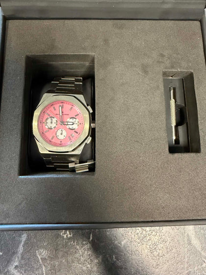 Maughan Jones chronograph watch featuring a bright pink dial
