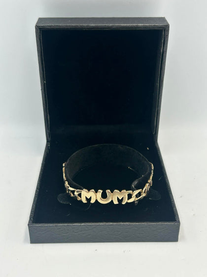 9CT Yellow Gold Curb Link Bracelet With 'Mum', 8'' - 9.5g, Boxed
