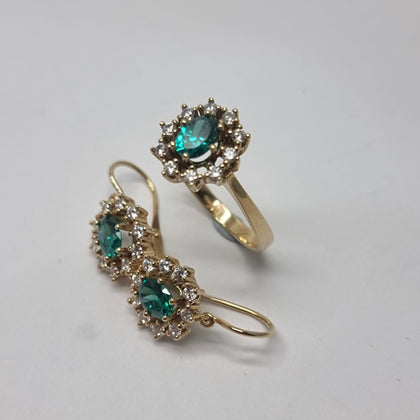 14ct Gold Oval Cluster Head Ring & Earring Set Green CZ - Size P - RRP £1050.