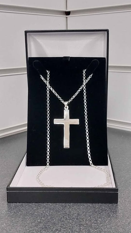 STERLING SILVER NECKLACE CROSS, ROUND BELCHER CHAIN, 925 HALLMARKED **BRAND NEW**