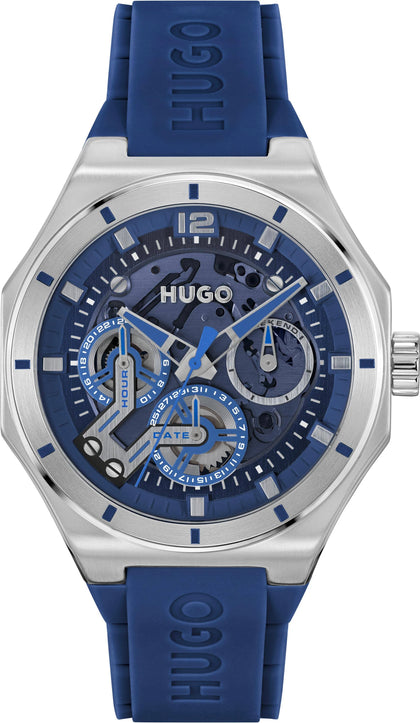 Hugo Skeleton-dial Watch with Blue Silicone Strap Men