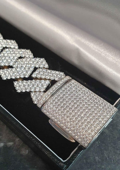 925 Sterling Silver Cuban Style CZ Encrusted Bracelet - 9