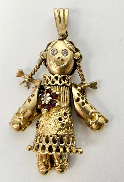 9ct yellow gold garnet stone doll pendant