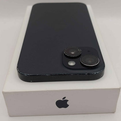 Apple iPhone 15 128GB black unlocked & Boxed ( heavily marked around sides and screen. 87% battery health )