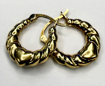 9ct Gold Heart Patterned Hoop Earrings