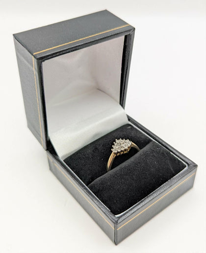 375 9CT Hallmarked, Yellow Gold, Tiered Floral Cluster Ring, Size P, 1.82G