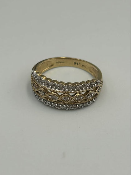 9ct Yellow Gold Diamond Set Filigree Dress Ring, Fully Hallmarked, Boxed, 3.3G, Size - N