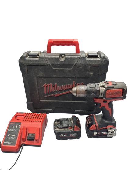 Milwaukee M18 BPD Compact 18V Brushed Hammer Drill, Cased With 2 5.0AH Batteries And Battery Charger