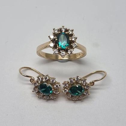 14ct Gold Oval Cluster Head Ring & Earring Set Green CZ - Size P - RRP £1050