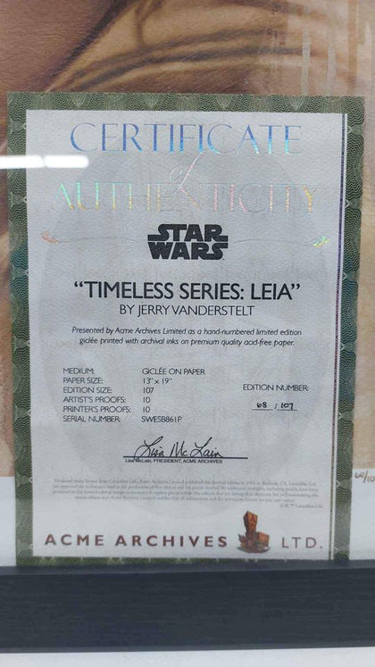 Timeless Series: Princess Leia Numbered 68/107 Jerry Vanderstelt Giclee Framed Print with COA.