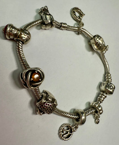 PANDORA CHARM BRACELET WITH  X8 CHARMS BOXED