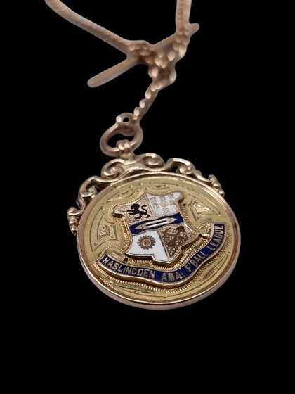 9ct Yellow Gold Albert Chain Necklace With Haslingden AMA Football League Medal Pendant & T-Bar - 16