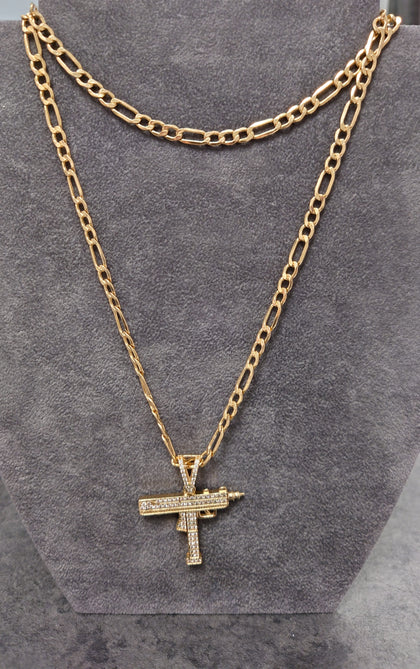 14ct Yellow Gold Pave 'Uzi' Machine Gun Pendant & Figaro Chain