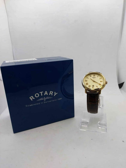 Vintage Rotary Gold Plated Mens Quartz Watch - With Date - Leather Strap - Boxed.