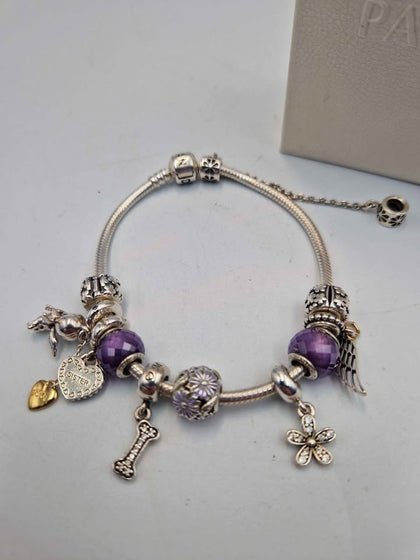 Pandora (ALE 925) Sterling Silver Charm Bracelet With 10x Charms & Safety - 8