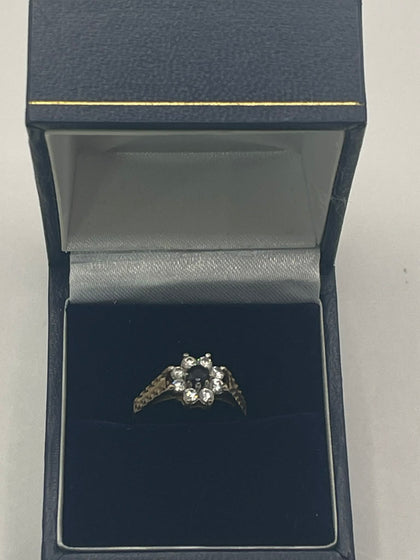 9ct Gold Ring With Black & clear Stones - J
