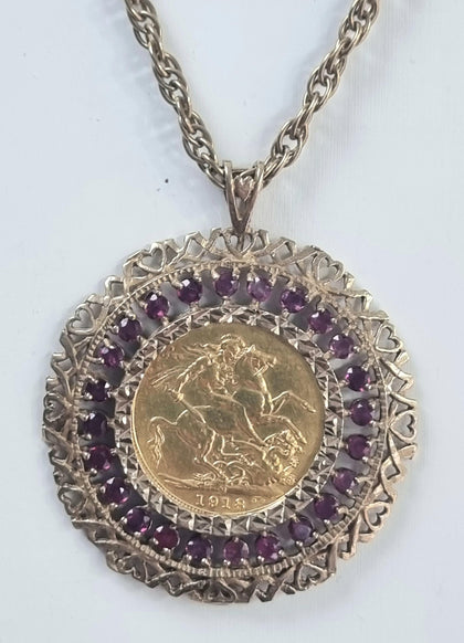 George V Sovereign in 9ct ruby mount with chain