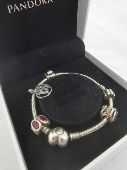 Pandora Bracelet, 5 Charms (925 ALE Hallmarked), 28.13Grams, Size: 7
