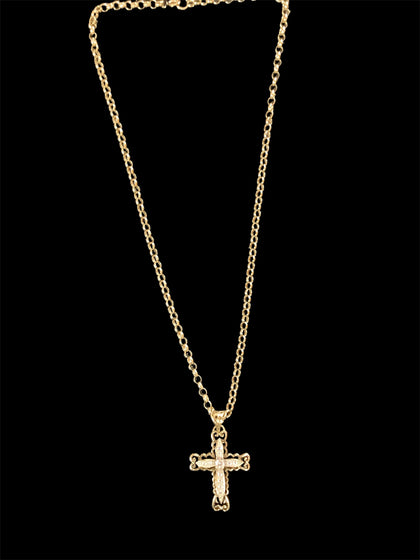 9ct Yellow Gold Fancy Pave CZ Gem-Set Cross Pendant & Solid Belcher