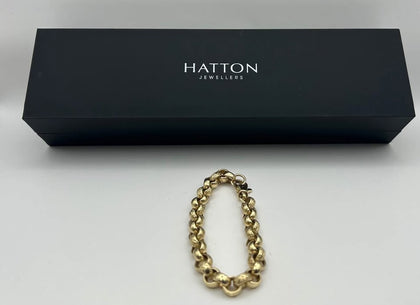 9K 375 HALLMARKED YELLOW GOLD, ENGRAVED BELCHER BRACELET, 9” 34.4G